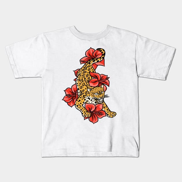 Jaguar With Jungle Flowers Kids T-Shirt by SmittyGFX